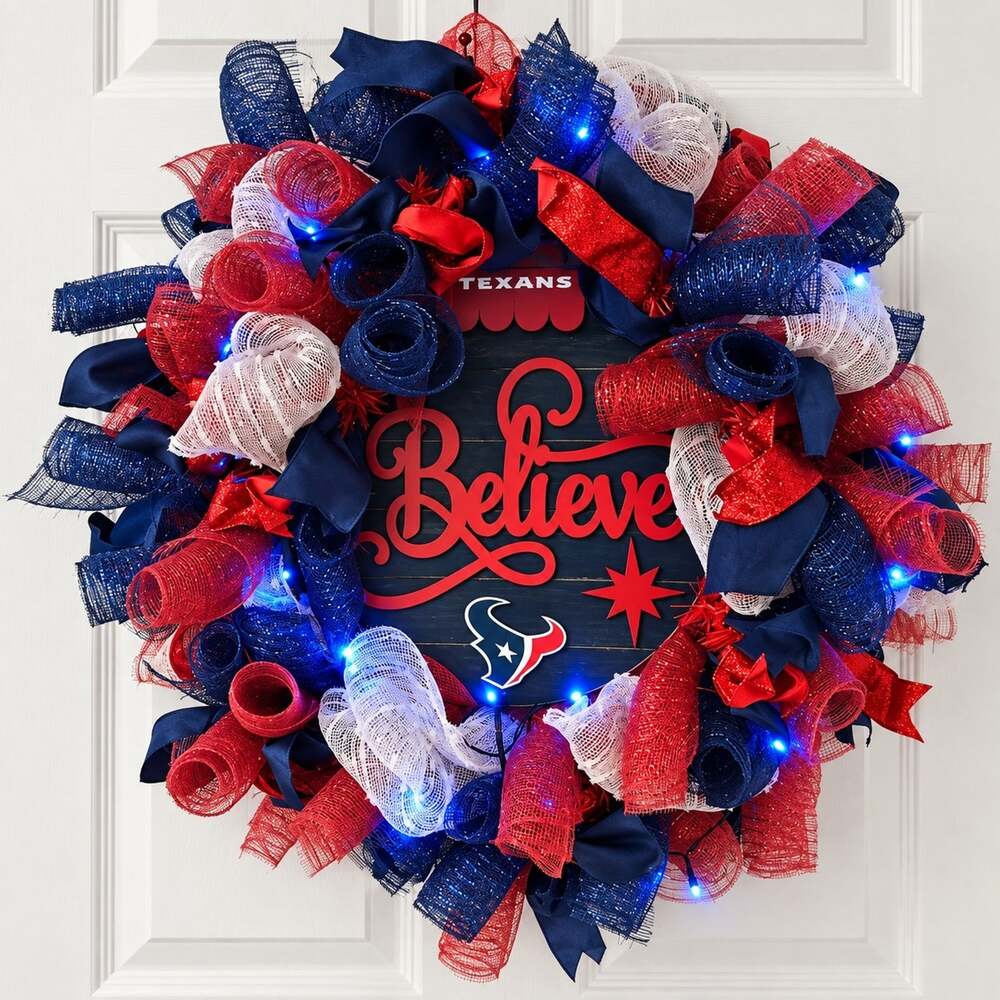 Houston Texans Believe 22 in Lighted Mesh Door Wreath Red Blue White